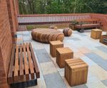 Timber seating and steel planters for Queen’s Business School, Belfast