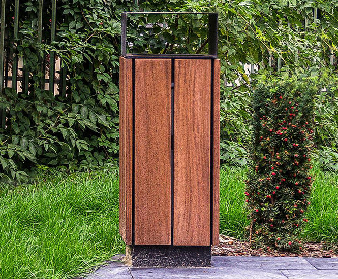 Linaria Waste Bin - galvanized steel and hardwood outdoor trash can