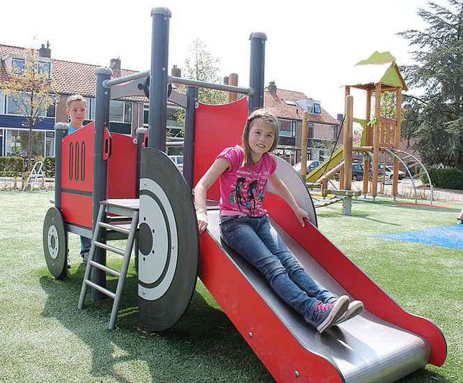 Tractor Play Unit - red steel playground equipment for outdoor spaces