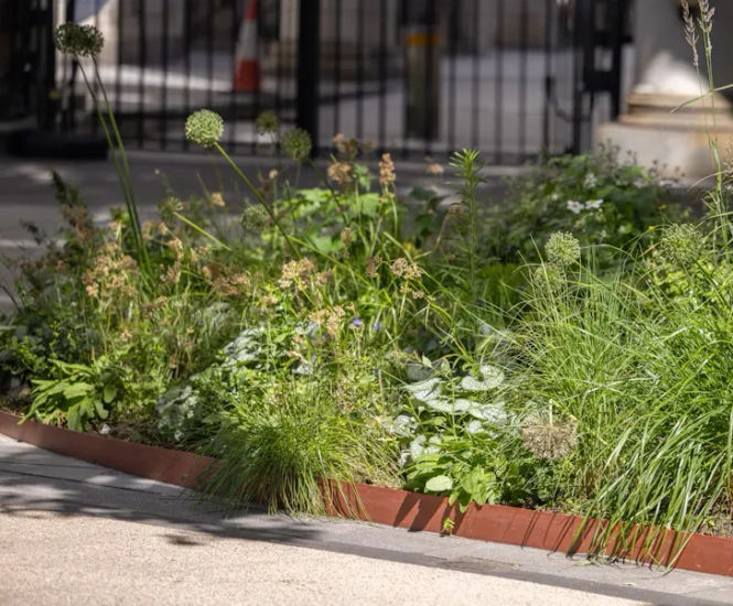 Urban landscape edging complements street furniture at Strand Aldwych
