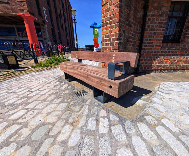 Bespoke reclaimed timber and metal benches - Royal Albert Dock, Liverpool