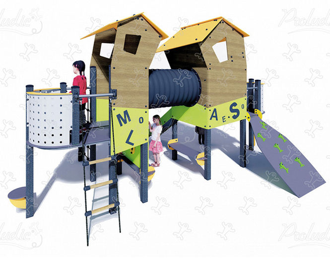 Dream Hamlet - steel and HPL playground with slide, tunnel, and climber