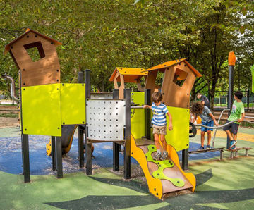 Dream Village - steel playground with slides, tunnel, and playhouses