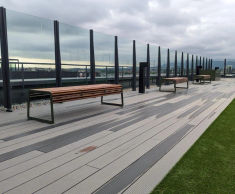 v32t - contemporary steel and hardwood outdoor bench for public spaces