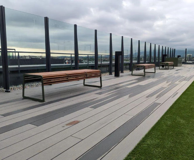 v32t - contemporary steel and hardwood outdoor bench for public spaces