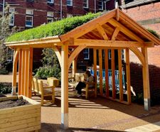 Timber canopy with green roof for NHS wellbeing garden - St James Hospital