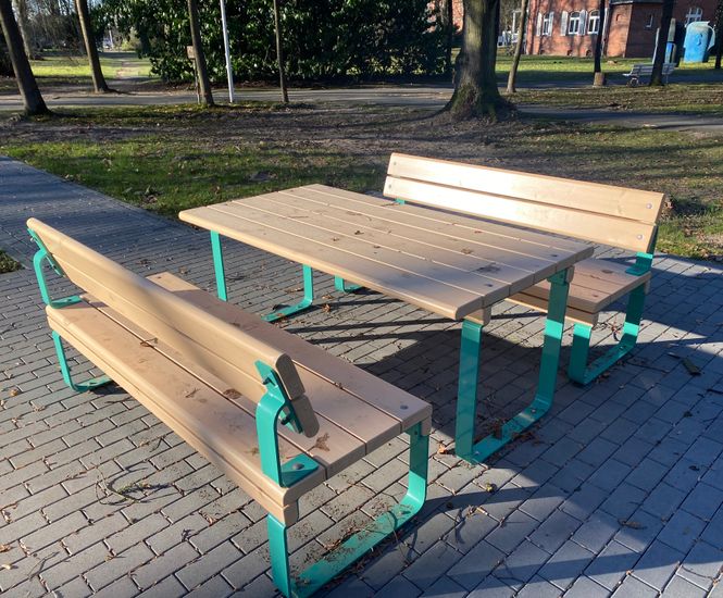 Rosenlund Wide Table - outdoor pine and steel park dining table
