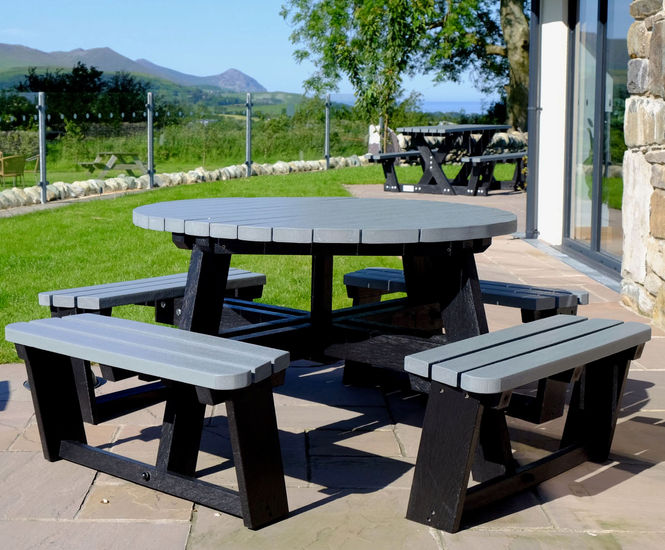 Calder - round recycled plastic 8-seater picnic table with benches