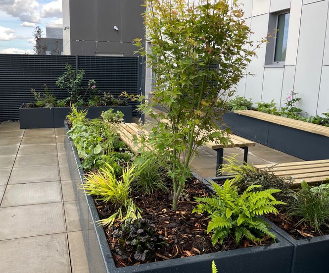 Aluminium planters and seating for hospital roof garden