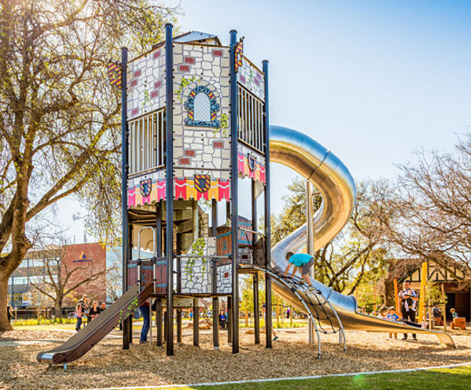 Octagonal Tower - large wood play structure with slides and climbing