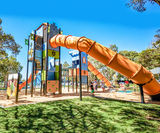 Giant Double Play Tower - steel and HPL playground climbing structure - on this page