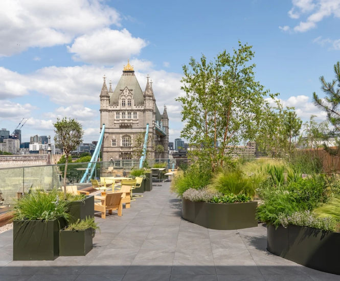 Raaft roof terrace system, tiles, seating and planters for TBC.London
