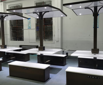 Solar-powered picnic tables and benches with canopy shelter