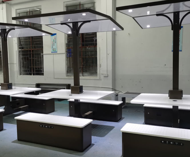 Solar-powered picnic tables and benches with canopy shelter