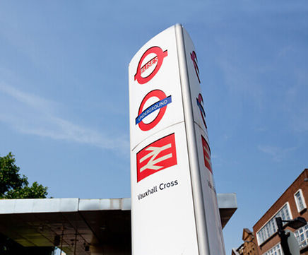 Interchange Totems - stainless steel wayfinding signs for transport hubs