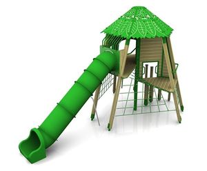 Tree House with Plastic Tube Slide - plastic playground climbing unit