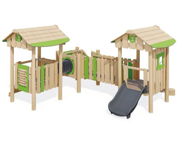 J49254 - Robinia timber multi play structure with slide and sensory panels