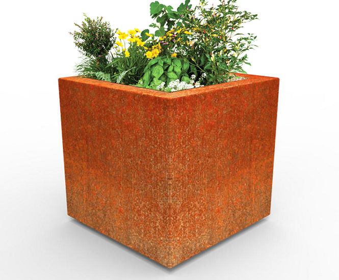 Patina Steel Cube - weathered steel outdoor planter
