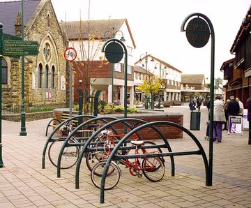 Type 185 Steel cycle stand with logo post - curved semi circular bike stand