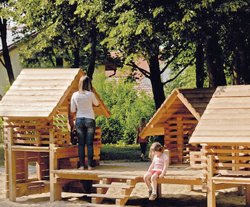 House Group A Play Village - larch timber playhouse for public playgrounds