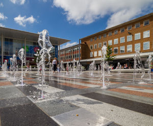Illuminated 50-jet dry plaza water feature - Crawley