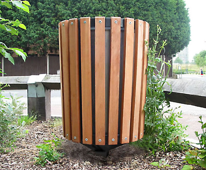 Boston open top steel litter bin with hardwood slats