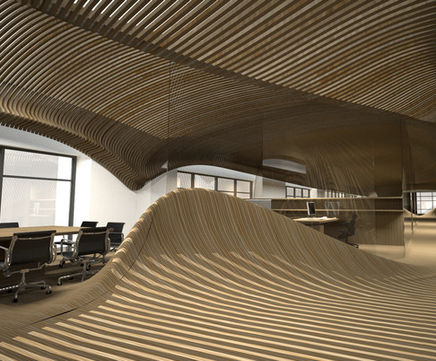 Prefabricated Kerto® LVL wavy panels for office interior