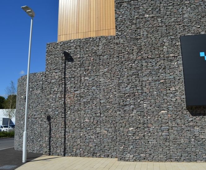 Gabion retaining walls and cladding for retail park
