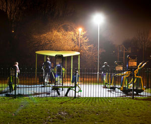 Fencing and basketball hoop for green energy outdoor gym
