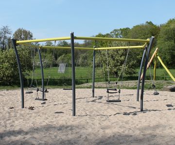 Hexagonal Swing - red steel playground swing set for public spaces