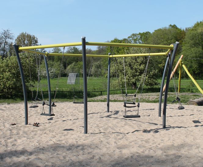 Hexagonal Swing - red steel playground swing set for public spaces