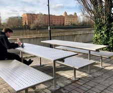 Stainless steel picnic tables and seating for River Café
