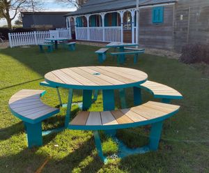 Seven - contemporary steel and timber circular picnic table and benches
