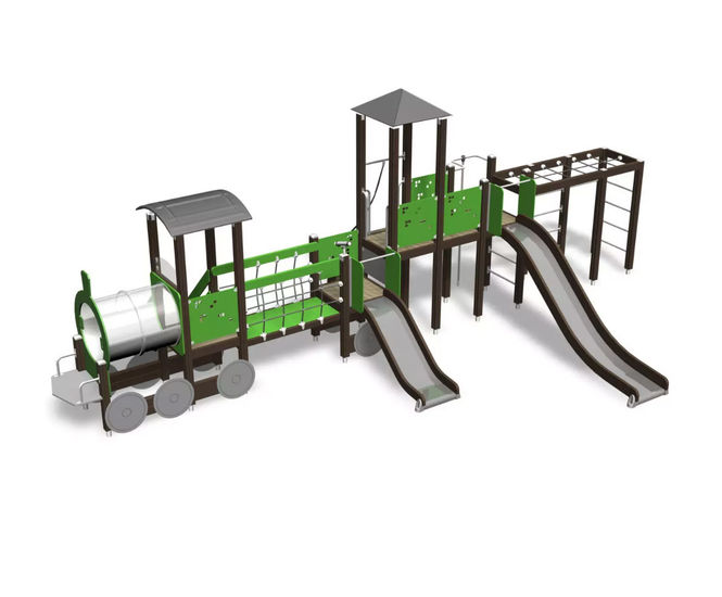 Train - themed multi play unit with climbers and slides
