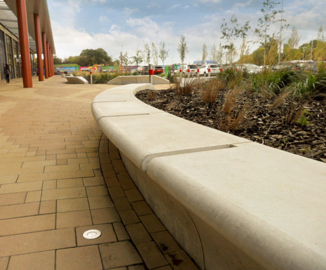 Concrete seats and planters Rushden Lakes retail park Bailey Street
