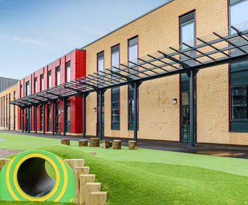 Large canopy shelter and outdoor furniture for school