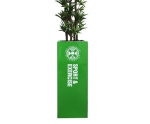 Planters with artificial plants and logos 