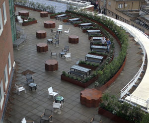 Bespoke corten steel effect planters - BBC roof terrace