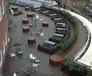 Bespoke corten steel effect planters - BBC roof terrace