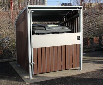 Recycled plastic and steel wheelie bin storage unit