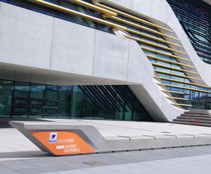 Custom concrete bench for Pierres Vives building