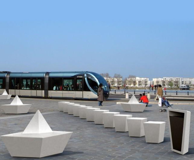 Paperboat Collection - cast stone seating, waste bin and bollard