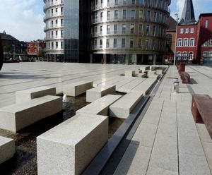 Concrete paving slabs and benches for public square