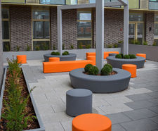 Colourful seating and planters - apartment roof terrace