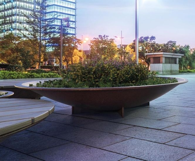 Parabel - corten steel outdoor planter with optional wood seat