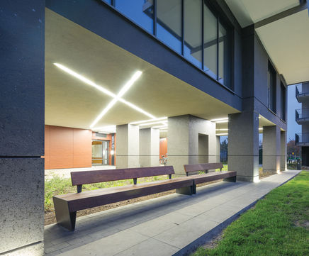 Blocq timber and powder-coated steel bench seating