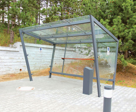 Edge steel-framed smoking shelter with glass panels