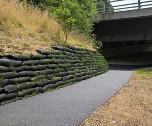 Rootlok system for vegetated retaining wall on footway 