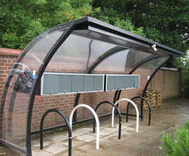 Moon cycle shelter for 10 bikes