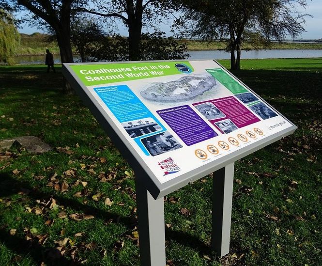 Metal interpretation signage for historic fort and park